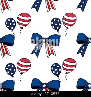 Seamless vector pattern of USA patriotic bows and balloons in red, white, and blue Stock Vector
