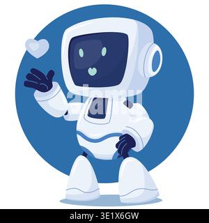 A cute, white cartoon android character with a screen for a face. A robot blows a kiss, artificial intelligence at work Stock Vector