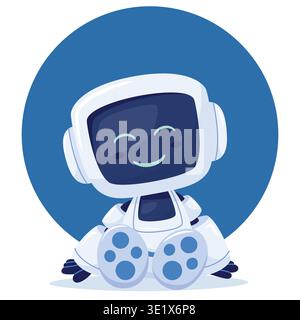 A cute, white cartoon android character with a screen for a face. A robot sits smiling, waiting for a task Stock Vector