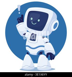 A cute, white cartoon android character with a screen for a face. robot came up with a new idea or solution to a problem Stock Vector