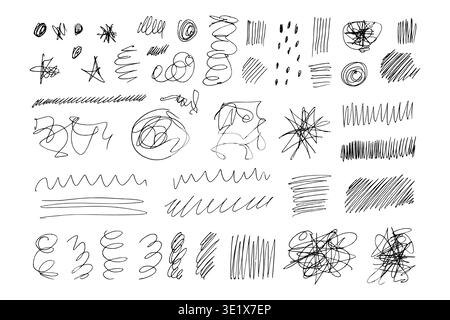 Messy pen scratch set with hand drawn scribbles, chaotic lines, doodles and sketch marks, abstract grunge elements for design, background, texture, creative notes, artistic decoration and illustration Stock Vector