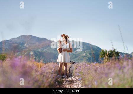 A girl lovingly holds her dog in a blooming lavender meadow with distant mountains. The calm and colorful setting highlights the connection between Stock Photo