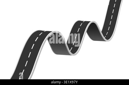 3d winding asphalt road, long pathway route and highway track, curve map road. Isolated vector realistic speedway element. Transport lane with dotted line mark. Travel and transportation road symbol Stock Vector