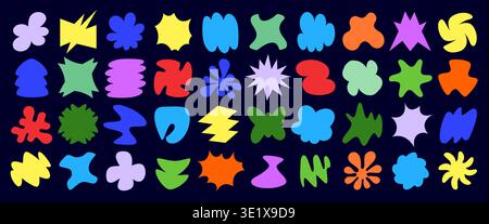 Abstract groovy shapes and comic bubbles, funky stickers, graphic retro elements set. Vector y2k geometry figures of abstract stars, flowers and clouds. Groovy minimal arch, sparkle and blob shapes Stock Vector