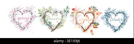 4 seasons of the year. Four seasons - spring, summer, autumn, winter. Hand drawn. Not AI, vector illustration. Stock Vector