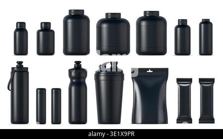 3d sport nutrition black plastic containers package, bottle, shaker and bars mockup. Realistic vector fitness supplement bottles. Food, vitamins, energy drink, whey protein and supplement blank jars Stock Vector