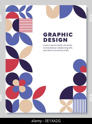 Modern abstract background with geometric wildberry color pattern. Vector simple graphic shapes border for poster with circles, lines, ovals mosaic. Minimal background with geometric floral pattern Stock Vector