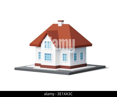 3d home building, village cottage, townhouse residence with brown roof and white walls standing on base platform. Isolated vector realistic residential architecture model real estate property exterior Stock Vector
