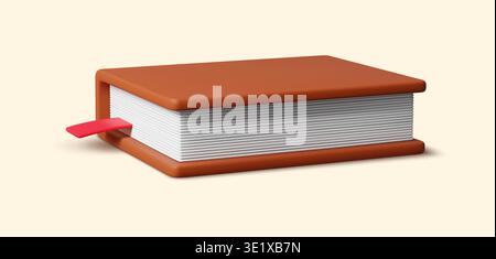 3d closed book with hardcover. Realistic 3d render of hardcover book in rich brown with vivid red bookmark nestled inside. Vector icon for library and university branding, educational app interface Stock Vector
