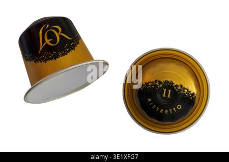 L'Or Espresso Ristretto coffee aluminium capsules pods isolated on white background - ground coffee Stock Photo
