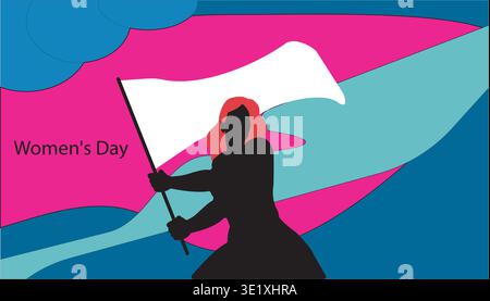 Woman silhouette holding flag on women day theme with bold color sky background Stock Vector