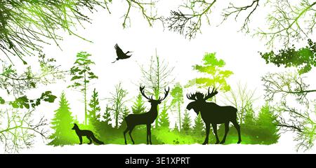 Forest silhouette and Animals of the forest. Minimalist pine trees silhouette. Hand drawn. Not AI, vector illustration. Stock Vector