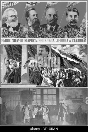 Gustavs Klucis (1895–1938) was a Latvian constructivist artist and photographer associated with Soviet propaganda design during the early Soviet period. The slogan composition “Under the Banner of Marx Engels Lenin and Stalin” from 1933 relates to Soviet political poster production promoting communist leadership. The archival photographic record documents a reproduction of the propaganda artwork preserved as a historical photographic print. Stock Photo