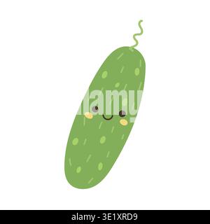 Cucumber cute food and pickle cartoon character with illustration icon farm. Slice isolated mascot and cucumber kawaii doodle with plant art cute Stock Vector