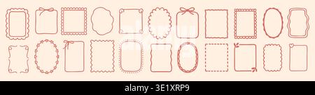 Frame hand doodle with border whimsical ribbon for oval round handdrawn. Wedding bow wavy with frame cute square for squiggle kid birthday. Menu Stock Vector