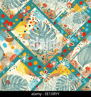 Seamless background with colorful pattern of monstera leaves. Hand drawn. Not AI, vector illustration. Stock Vector