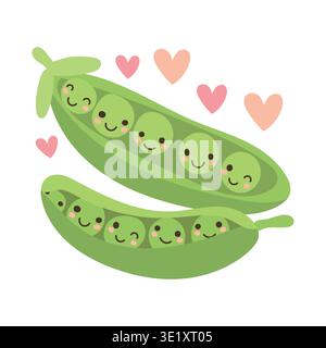 Pea peas cartoon and character pod cute with mascot emoji happy. Legume green bean and pea funny plant with smart vegetable peas. Illustration pea Stock Vector