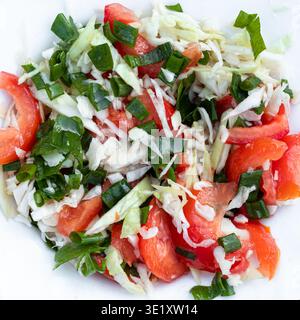 Fresh vegetable salad with cabbage, tomato and green onion in white plate, top view, healthy homemade food, natural ingredients, diet nutrition concep Stock Photo