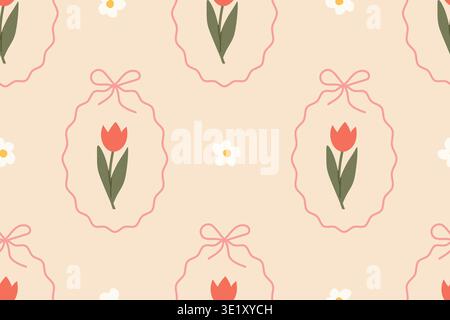 spring cottage style seamless pattern with tulip, daisy flowers and ribbons - vector illustration Stock Vector
