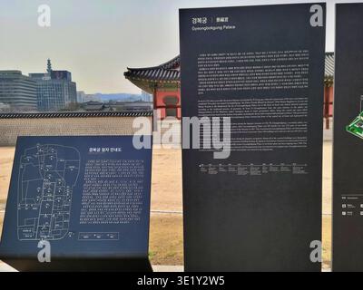 SEOUL SOUTH KOREA - MARCH 27 2024: A detailed information map and guide board for visitors at the entrance of Gyeongbokgung Palace. Stock Photo