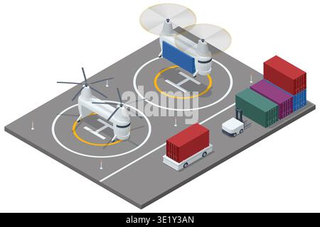 Isometric logistics heavy cargo drones on helipad near stacked containers and ground transport vehicles. Automated freight hub, industrial air Stock Vector