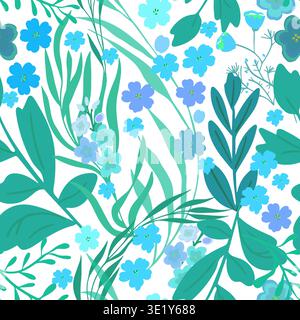 Seamless floral background with blue flowers . Hand drawn. Not AI, vector illustration Stock Vector