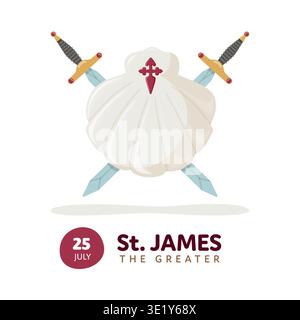 Symbols of Saint James apostle. Scallop shell, cross and swords. Religious illustration Stock Vector