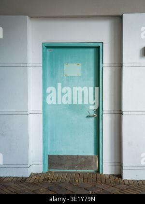 Symmetrical front view of a simple teal metal door set in a white textured building facade above a brick paved walkway Stock Photo