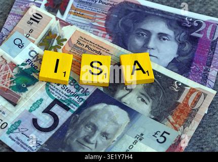 ISA deadline reminder shown in Scrabble letters on Scottish pound banknotes for UK Scotland tax-free savings and investment concept Stock Photo