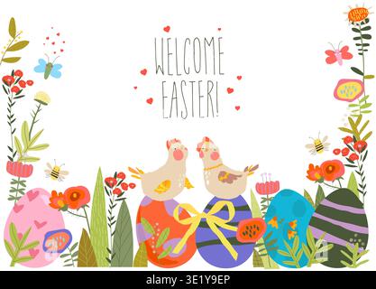 Easter Card with Flowers, Hens and Easter Eggs Stock Vector