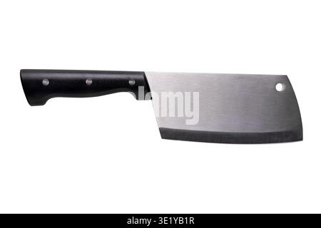 High-quality stainless steel meat cleaver with black handle isolated on white background, ideal for culinary, cooking, and kitchen designs. Stock Photo
