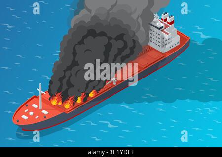 Isometric marine disasterred oil tanker on blue sea covered by fire, dense black smoke Fuel transport accident, maritime emergency, pollution threat Stock Vector
