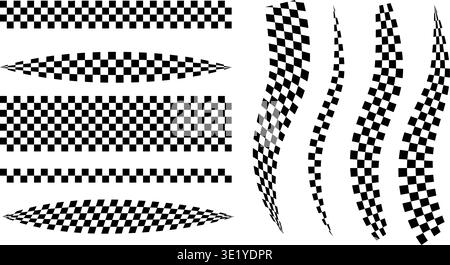 Race flag lines. Black and white checker finish ribbon. Car race grid pattern. Rally border texture. Wavy checker lines. Chess graphic design element Stock Vector