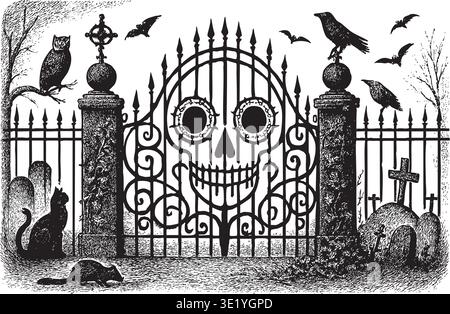 Detailed gothic illustration suitable for posters, prints, and themed interior decor with a spooky aesthetic. Stock Vector