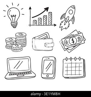 Hand drawn business icons set. Black and white doodle symbols collection Stock Vector
