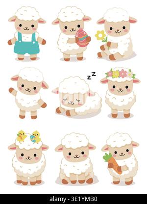 Set of cute Easter sheep with holiday attributes Stock Vector