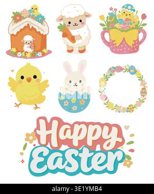 Cute Easter illustration set with holiday elements Stock Vector