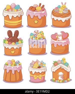 Easter cakes set with decorative toppings illustration Stock Vector