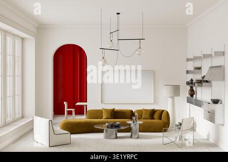Modern living room with large poster frame mockup, mustard sofa and red dining room wall. Strong focal point and clean composition for commercial mock Stock Photo