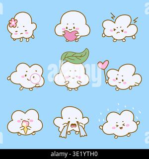 Kawaii clouds set. Tiny cloud different expressions. Cute nature weather elements cries, gets angry, is happy, is in love and holds heart, nowaday Stock Vector
