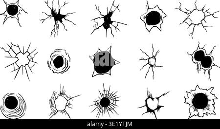 Grunge bullet holes. Cracks of destroyed in concrete, metal, glass. Military elements, gunshot wound and damages. Decorative shooting elements Stock Vector