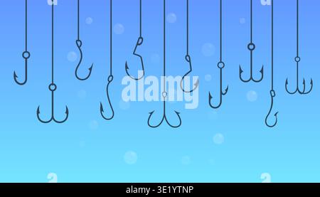 Fishing hooks underwater. Catching fish background, different hooks on fishing lines. Abstract catch background with water bubbles, sapid vector Stock Vector