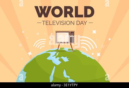 Tv day poster. World television holiday banner. Cartoon retro tv in wide housings stand on globe. Advertising, design for festive, sapid vector Stock Vector