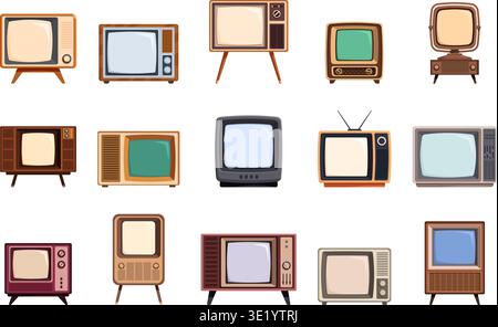 Cartoon retro tv. Vintage televisions, glass screens in wooden and plastic wide housings. Old technology, tube digital technologies, sapid vector Stock Vector