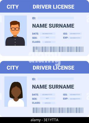 Driver license template. Female male car drivers id cards, identification card, personal document for driving auto or moto with head silhouettes Stock Vector
