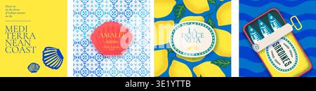 Amalfi summer banner set. Mediterranean pattern with sardines, lemons and tiles. Yellow citrus, vintage labels and blue borders design. Italian translation Sweet life, Summer in Italy on Amalfi Coast Stock Vector