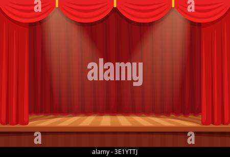 Theater stage. Empty wooden platform for entertainment with spotlights and red velvet curtains. Classic dramatic atmosphere, sapid vector background Stock Vector