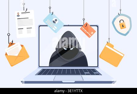 Phishing attack. Hacker on laptop screen and different digital dangers. Cyber criminal steals user login and data, email, bank account. Hacking sapid Stock Vector