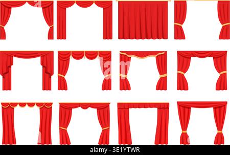 Cartoon red theater curtains. Decorative draperies, silk curtain for interior design. Luxury drapery for entrance and windows, for villa, apartment Stock Vector