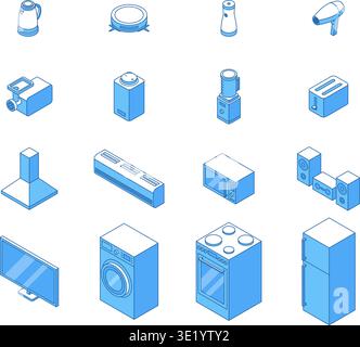 Isometric home appliance. Smart vacuum cleaner, hair dryer, cooler, meat grinder, kettle, washing machine, extractor hood. Electronics nifty vector Stock Vector